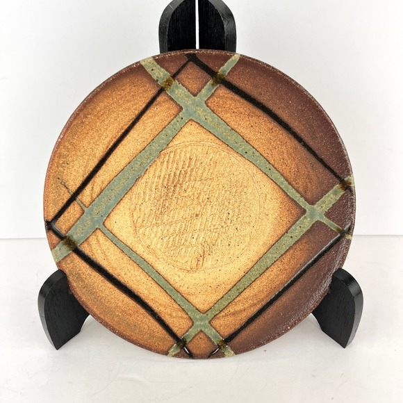Handmade Stoneware Garlic Grater Dish with Glazed Strips 8in - Picture 1 of 7